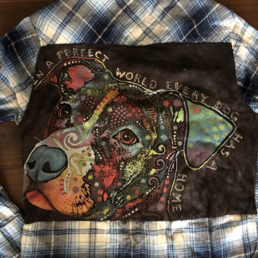Women’s Blue Plaid Flannel shirt -Repurposed  Medium Blue “Every dog has a home”